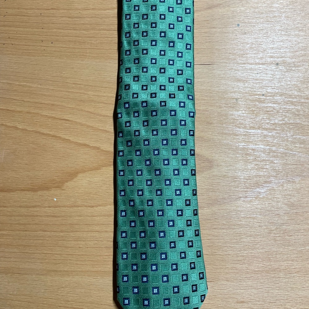 Tommy Hilfiger 100% Silk Green Tie W/Blue White Squares And Repp Stripe